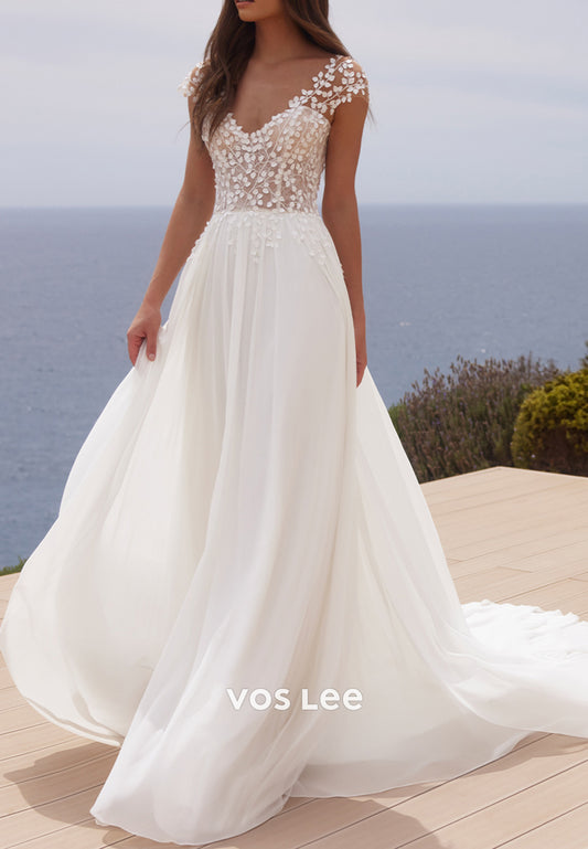 A-Line Cap Sleeves Sweetheart Appliques Lace Pleated Wedding Dresses with Court Train