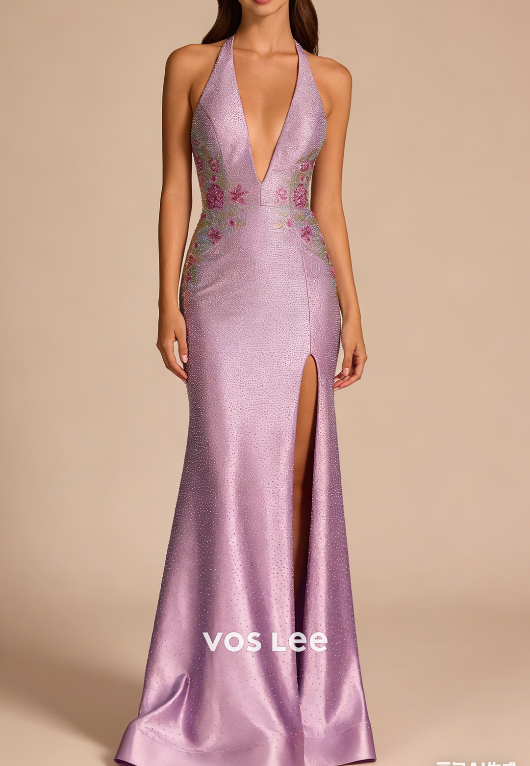 Halter V-Neck Strapless Mermaid Split Formal Prom Dresses With Beading