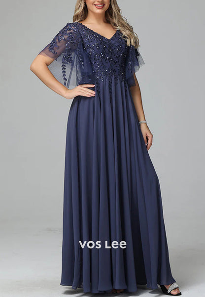 A-Line V Neck Beading Appliques Lace Floor-Length Pleated Mother of Bride Dresses