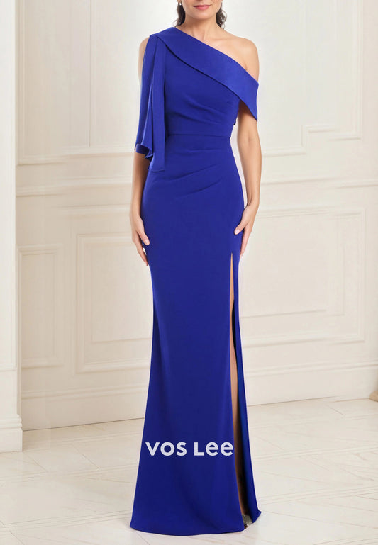Royal Blue One Shoulder Floor-Length Ruched Sheath Mother of Bride Dresses with Side Split