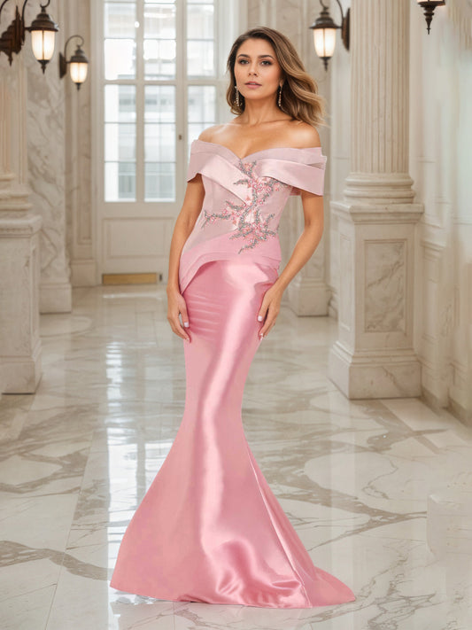 Flamingo Mother Of Bride Dress Off The Shoulder Beading Appliques Mother Of The Bride Dress