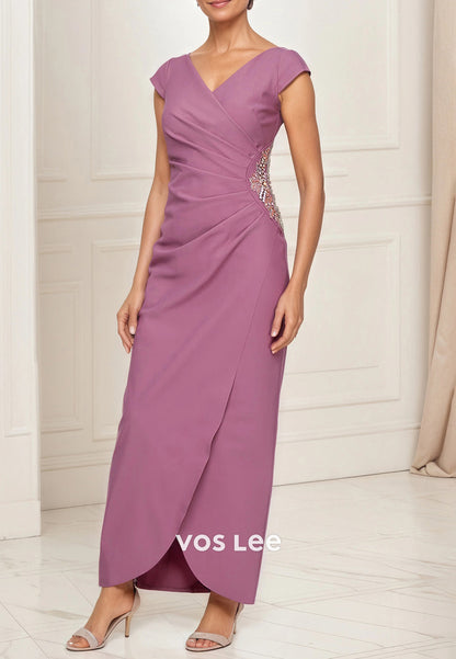 Cap Sleeves V Neck Ruched Rhinestone Ankle-Length Sheath Mother of Bride Dresses