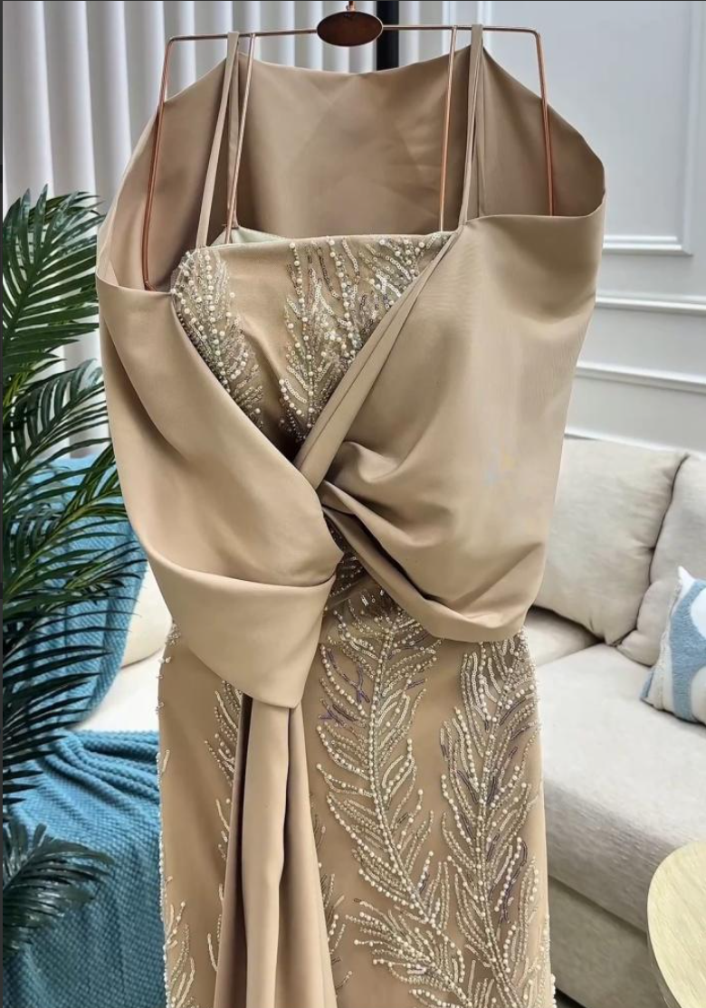 Elegant Sequin Evening Gown | Draped Capelet Formal Dress with Slit