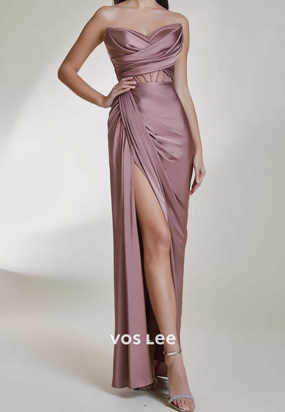 V Neck Illusion Rhinestone Floor-Length Sheath Evening Dresses Party Dresses with Side Split