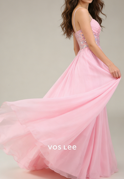 Pink Spaghetti Straps A Line Tulle Long Prom Dresses With Beading Sequins