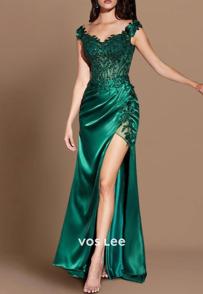Cap Sleeves Sweetheart Appliques Lace Mermaid Evening Dresses with High Split