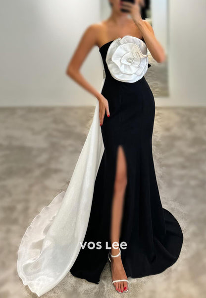 Elegant & Luxurious Strapless Split Pleated Mermaid Prom Dresses with Sweep Train