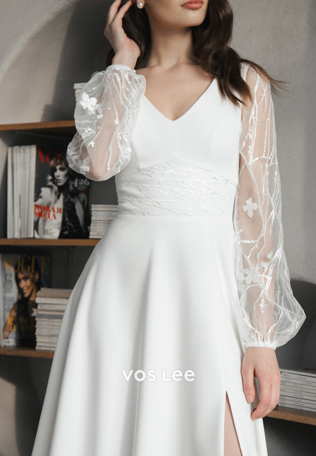 A-Line V Neck Appliqued Long Sleeve Floor-Length Wedding Dresses with Side Split