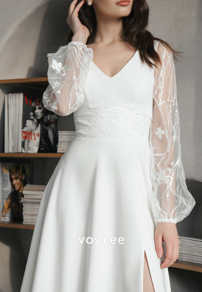 A-Line V Neck Appliqued Long Sleeve Floor-Length Wedding Dresses with Side Split