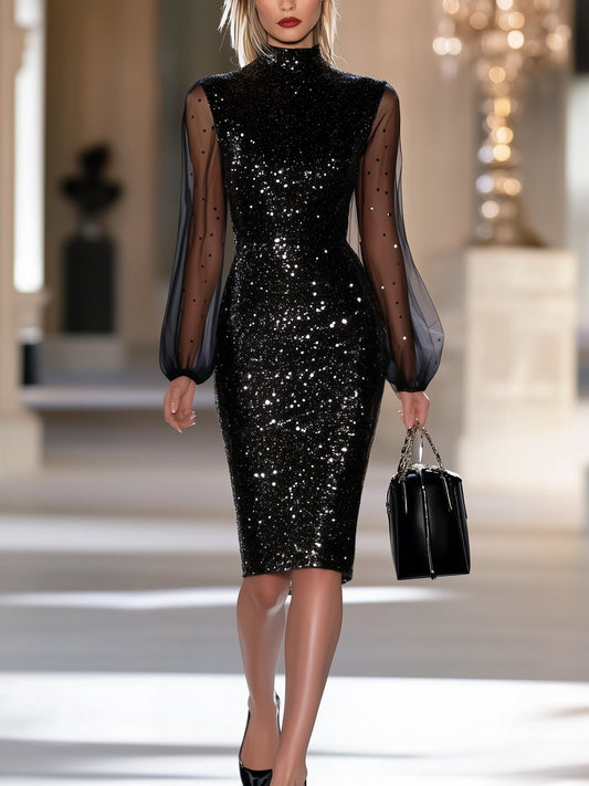Elegant Black Tulle Puffy Sleeves Sequin Dress