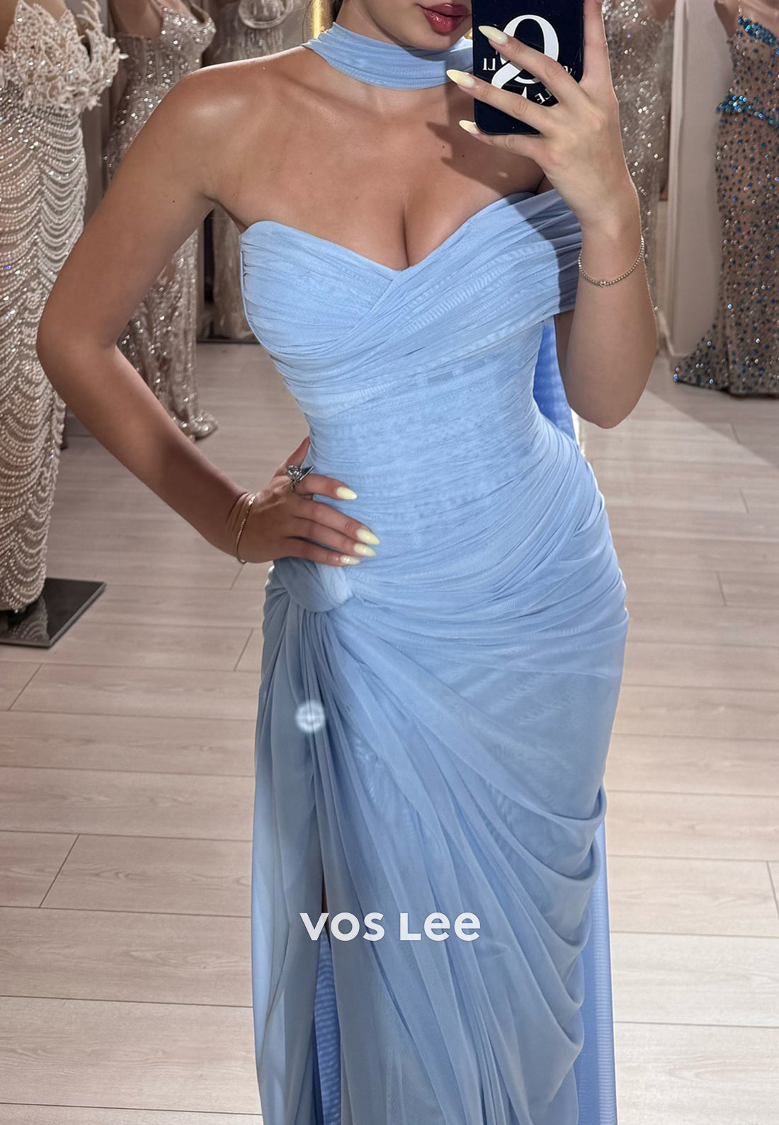 Sky Blue One Shoulder Mermaid Pleated Prom Dresses with High Split