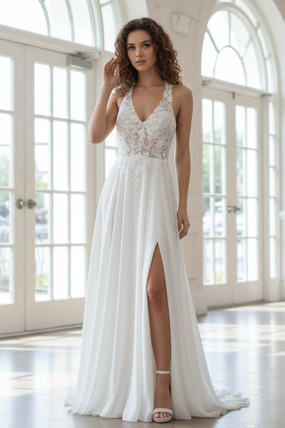 Elegant Chiffon Halter V-Neck A-Line Lace Slit Wedding Dress