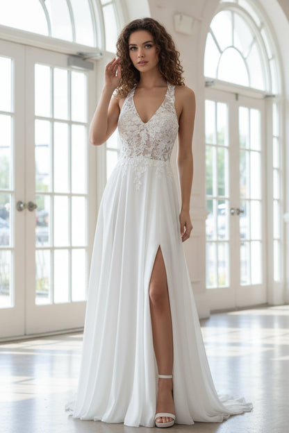 Elegant Chiffon Halter V-Neck A-Line Lace Slit Wedding Dress