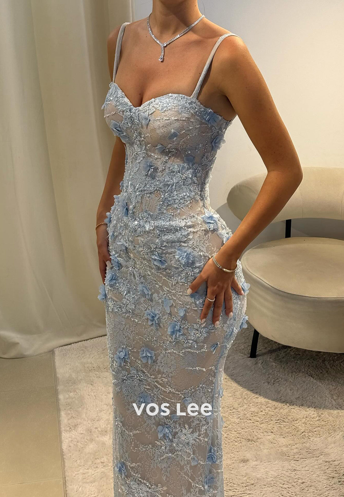 Sky Blue Spaghetti Straps Sweetheart Appliques Lace Mermaid Prom Dresses