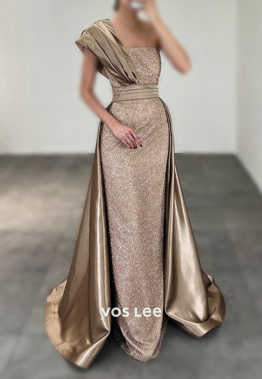 Sparkle & Shine One Shoulder Pleated Sheath Long Evening Dresses with Court Train