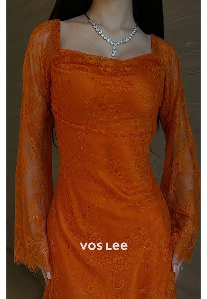 Long Sleeve Square Lace Appliques Rhinestone Ankle-Length Long Evening Dresses