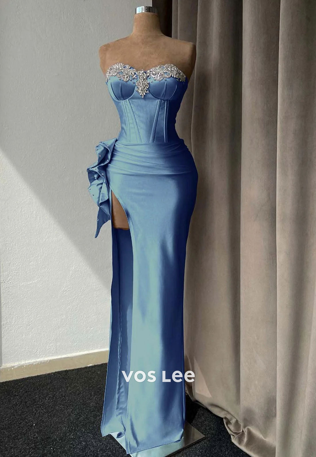 Light Purple High Slit Prom Dress With Rhinestone Gown Sleeveless