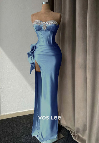 Light Purple High Slit Prom Dress With Rhinestone Gown Sleeveless