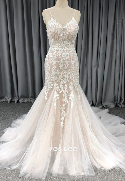 Spaghetti Straps V Neck Appliques Lace Pleated Trumpet Wedding Dresses with Court Train