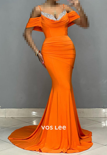Off the Shoulder Spaghetti Straps Rhinestone Mermaid Evening Dresses with Sweep Train