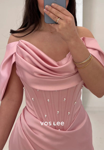 Simple & Classic Off the Shoulder Pearls Pleated Mermaid Evening Dresses with High Split