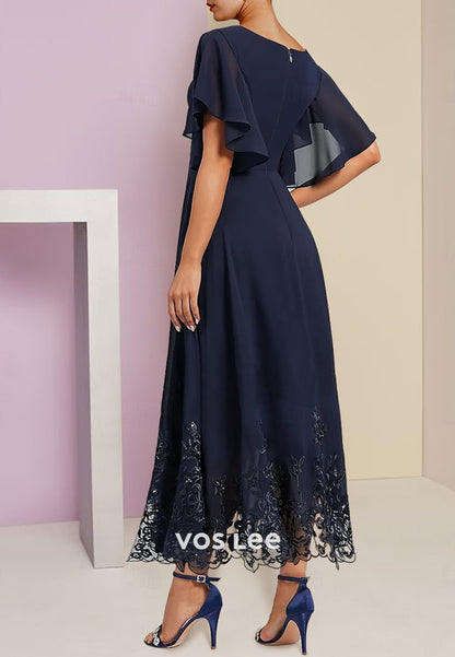 Dark Navy Flutter Sleeves V Neck Ankle-Length Mother of Bride Dresses