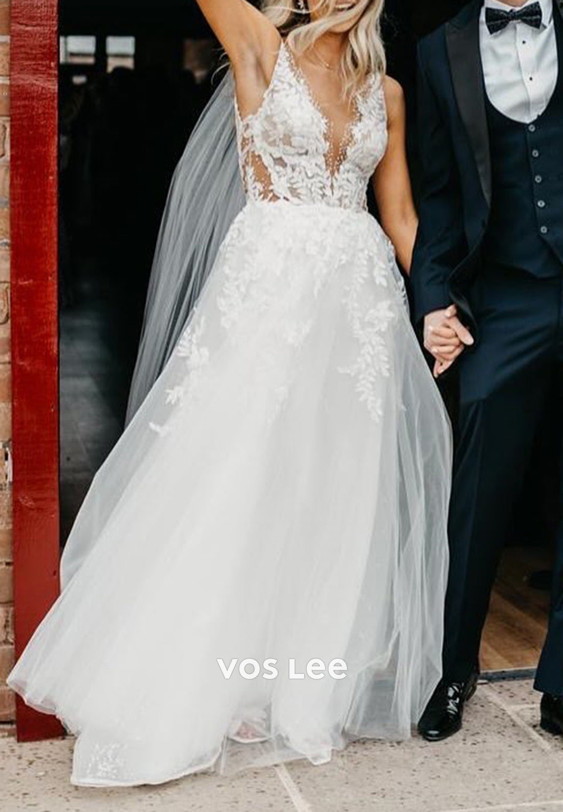 A-Line V Neck Appliques Lace Pleated Tulle Wedding Dresses with Court Train