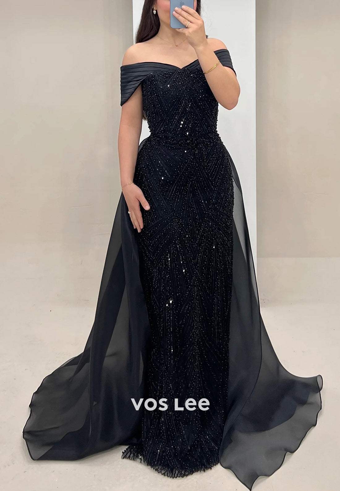 Classic Off the Shoulder Fully Beaded Pleated Mermaid Evening Dresses with Court Train