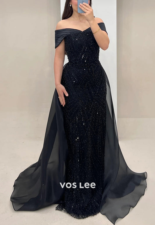 Classic Off the Shoulder Fully Beaded Pleated Mermaid Evening Dresses with Court Train