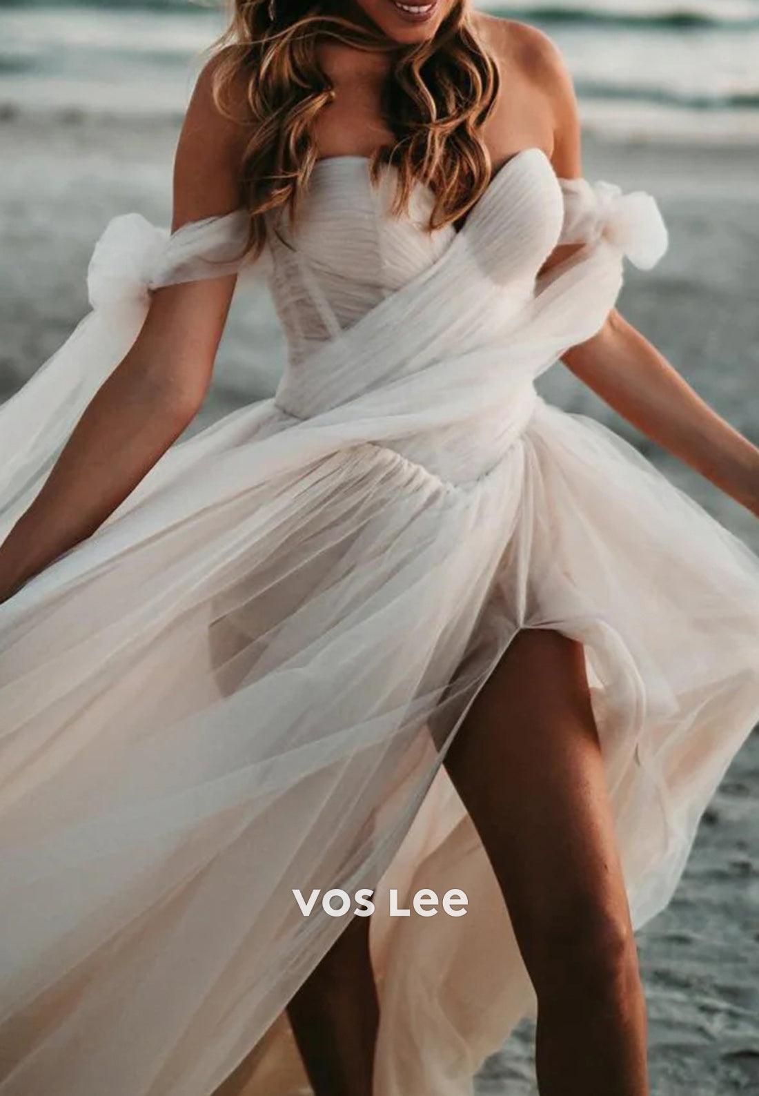 A-Line Off the Shoulder Bowknot Sweetheart Pleated Beach Wedding Dresses with High Split
