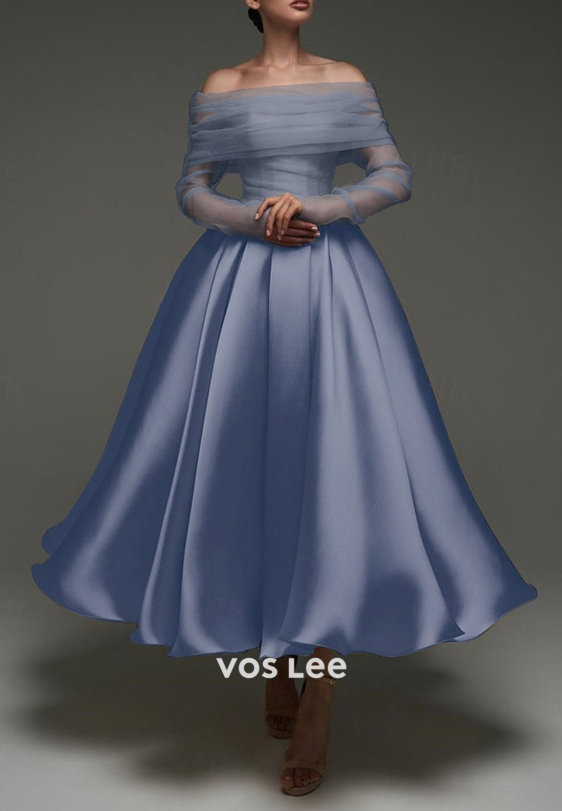 Two Pieces Long Sleeve A-Line Off the Shoulder Ankle-Length Prom Dresses