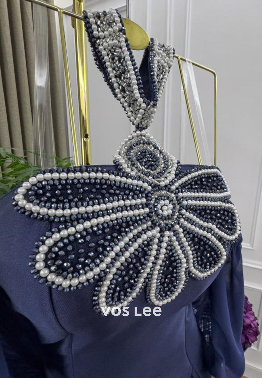 Glamorous & Dramatic A-Line Pearls Floral Halter Tea-Length Evening Dresses