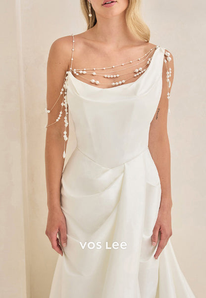 Elegant & Luxurious A-Line One Shoulder Pearls Pleated Wedding Dresses with Court Train