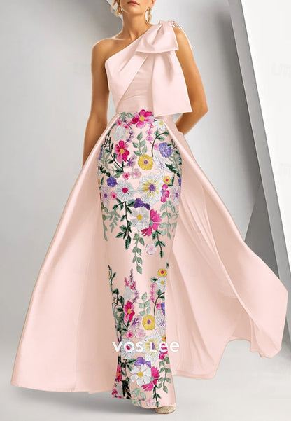 One Shoulder Bowknot Appliqued Embellished Floor-Length Mother of Bride Dresses
