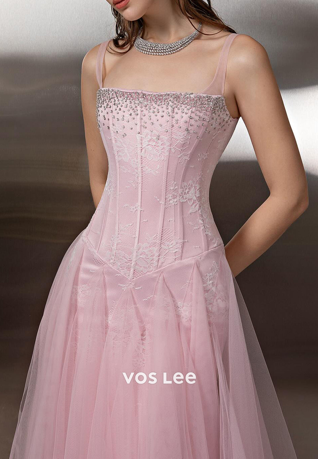 Pink A-Line Spaghetti Straps Square Lace Rhinestone Prom Dresses with Court Train