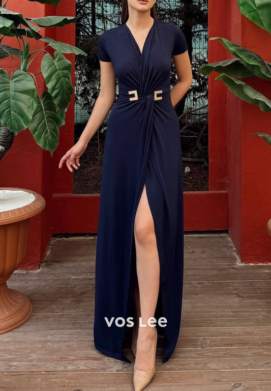 Classic & Simple Short Sleeve V Neck Ruched Sheath Evening Dresses with High Split