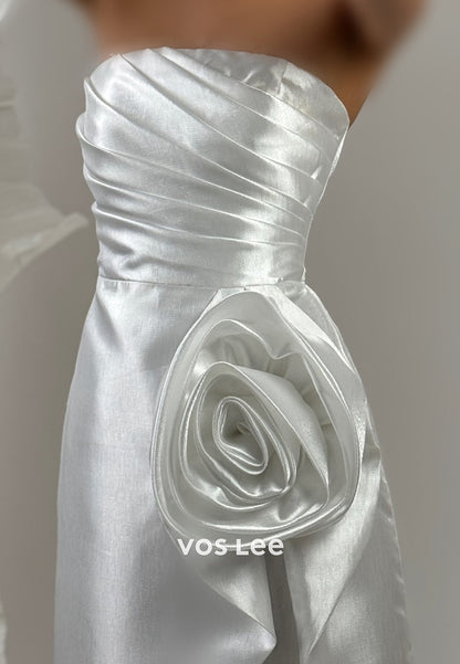 Sparkling Strapless Pleated Flowers Floor-Length Sheath Prom Dresses with High Split