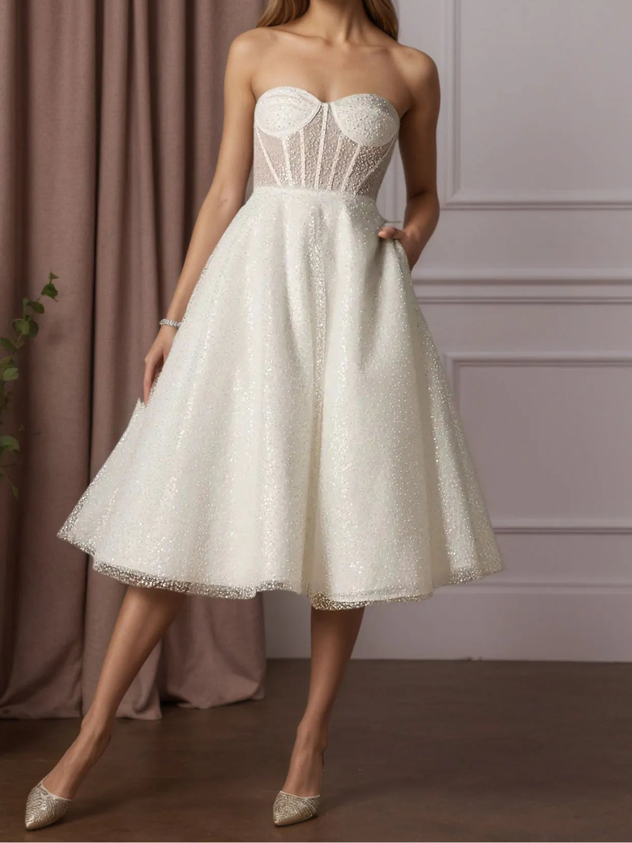 Sparkling White Sweetheart A-Line Strapless Beading Midi Wedding Dress