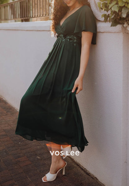 Flutter Sleeves V Neck Floral Embellished Mother of Bride Dresses