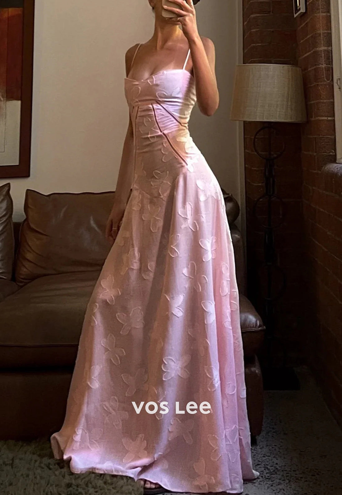 Sexy and Sleek Spaghetti Straps Floral Embellished Floor-Length Prom Dresses