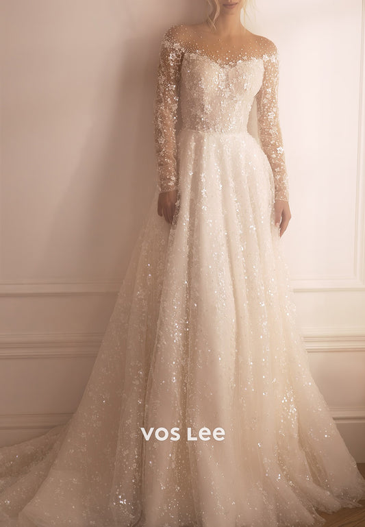 A-Line Long Sleeve Illusion Neck Sequins Floral Appliqued Wedding Dresses with Court Train