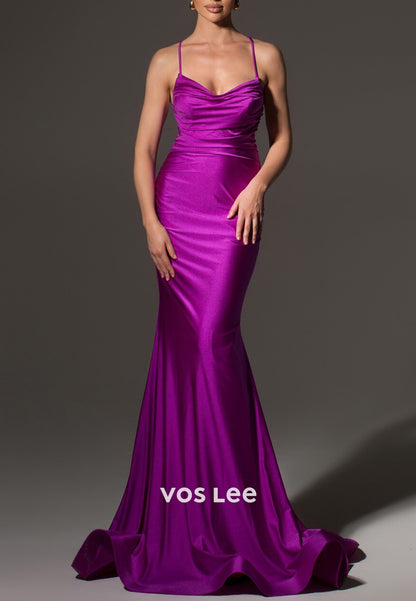 Spaghetti Straps Crossed Straps Trumpet Trumpet Prom Dresses with Sweep Train