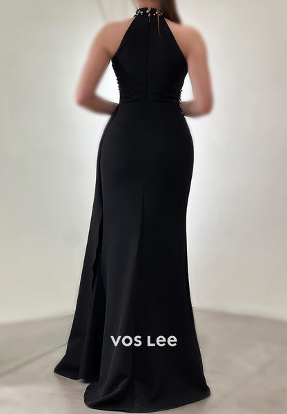 Halter Rhinestone Beading Embellished Floor-Length Mermaid Evening Dresses with Side Spilt
