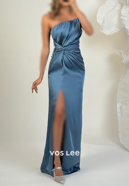 Classic & Timeless Strapless  Floor-Length Pleated Mermaid Evening Dresses with High Split