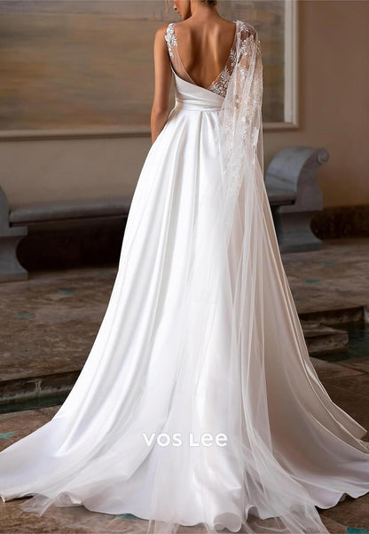 Classic & Timeless A-Line Illusion Scoop Neck Pleated Wedding Dresses with Pockets