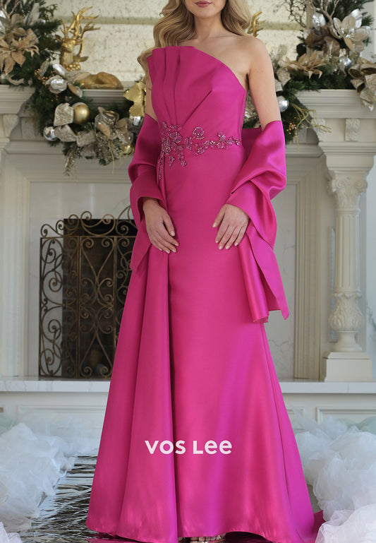 Strapless Beaded Embellished Ruched Long Sheath Mother of Bride Dresses