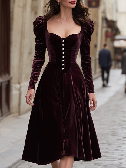 VOS LEE Burgundy Velvet Corset Midi Dress