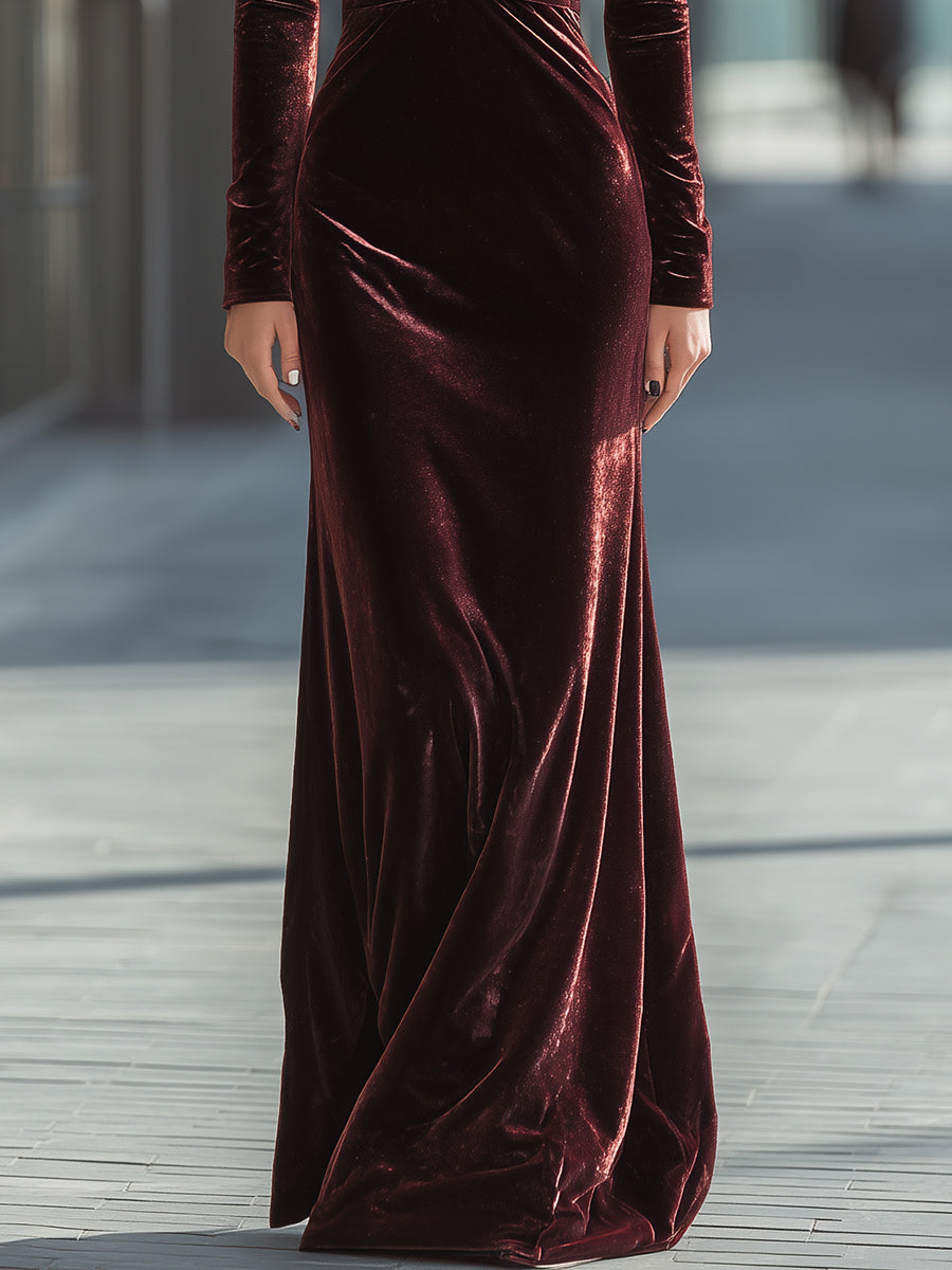 Burgundy Velvet Evening Gown