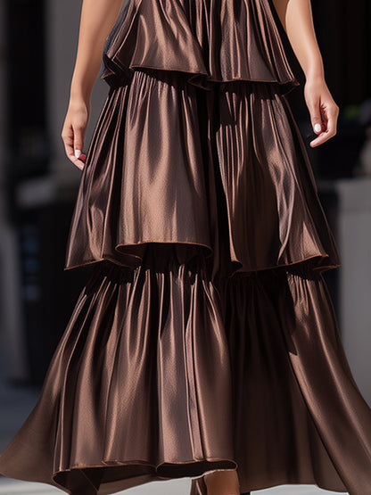 Sleeveless Tiered Halter Neck Ruffle Maxi Dress