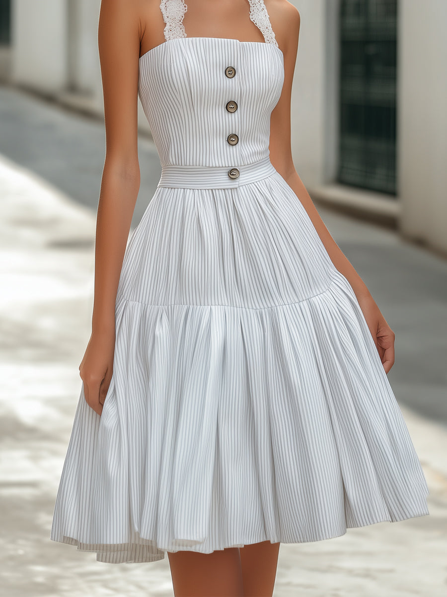 Striped Lace Strap Pleated Midi Dress Wedding Guest Dresses